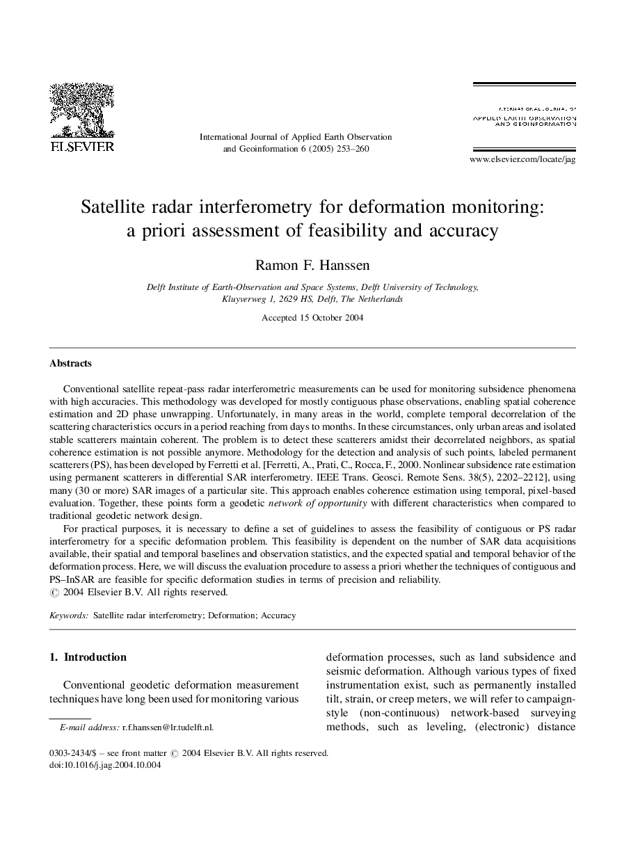 Satellite radar interferometry for deformation monitoring: a priori assessment of feasibility and accuracy