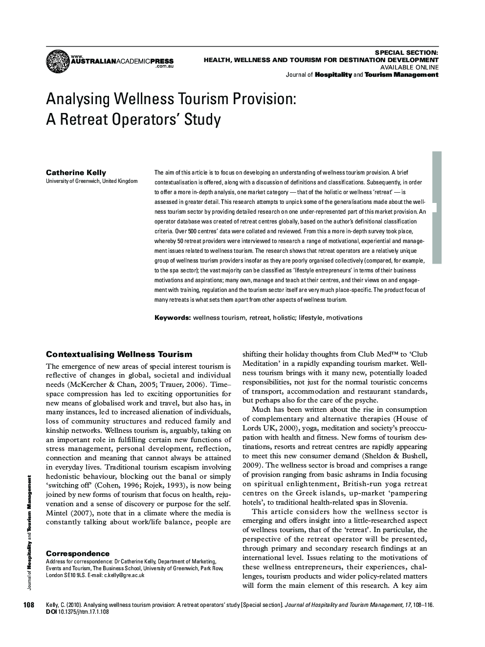 Analysing Wellness Tourism Provision: A Retreat Operators' Study