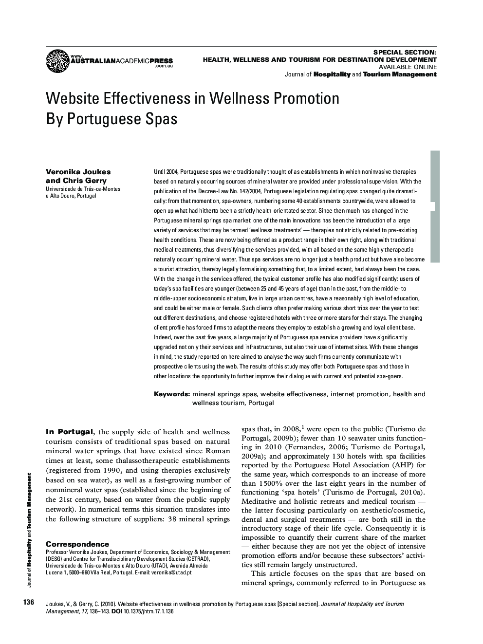 Website Effectiveness in Wellness Promotion By Portuguese Spas