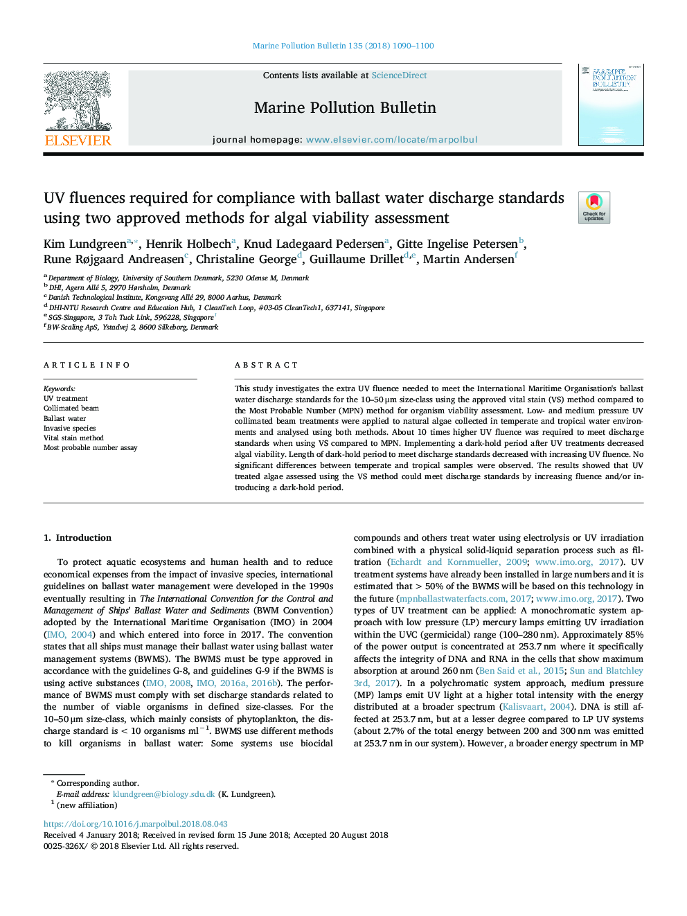 UV fluences required for compliance with ballast water discharge standards using two approved methods for algal viability assessment