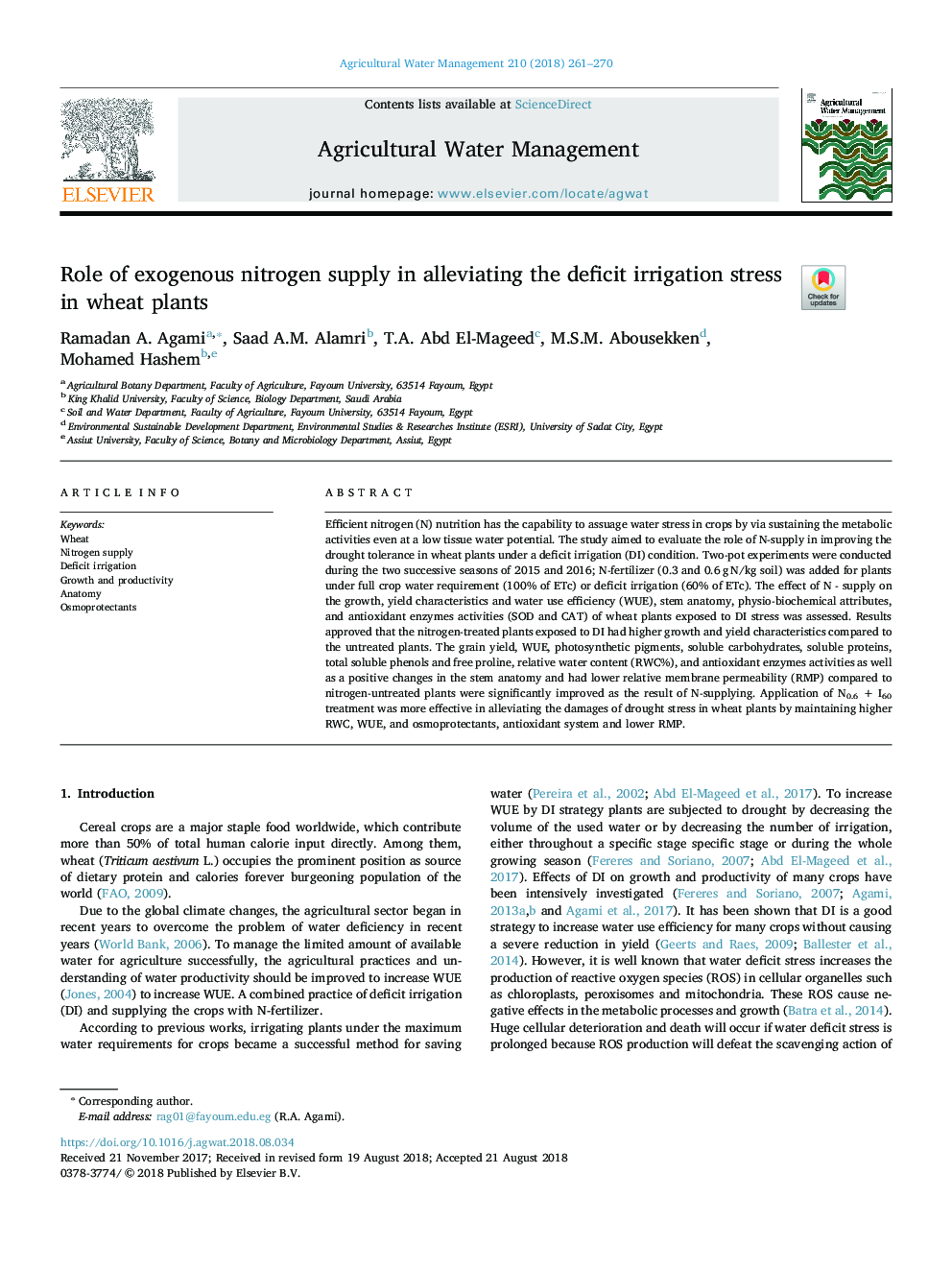 Role of exogenous nitrogen supply in alleviating the deficit irrigation stress in wheat plants