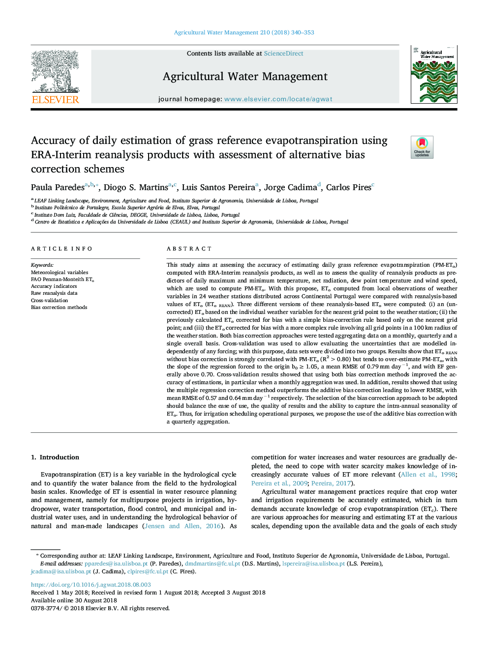 Accuracy of daily estimation of grass reference evapotranspiration using ERA-Interim reanalysis products with assessment of alternative bias correction schemes