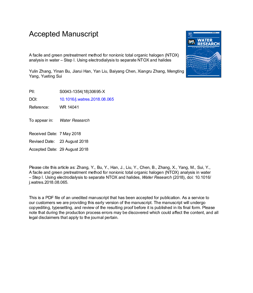 A facile and green pretreatment method for nonionic total organic halogen (NTOX) analysis in water - Step I. Using electrodialysis to separate NTOX and halides