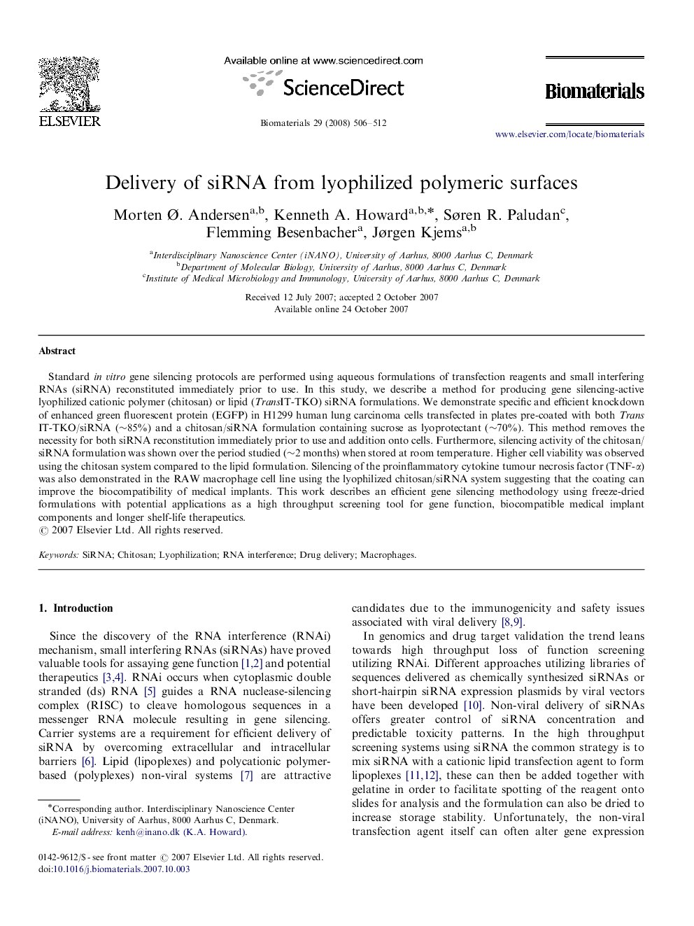 Delivery of siRNA from lyophilized polymeric surfaces