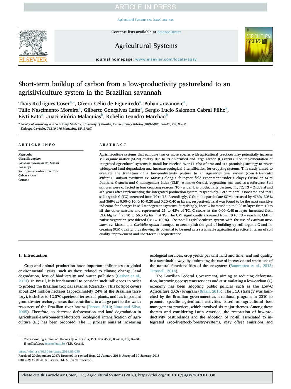 Short-term buildup of carbon from a low-productivity pastureland to an agrisilviculture system in the Brazilian savannah