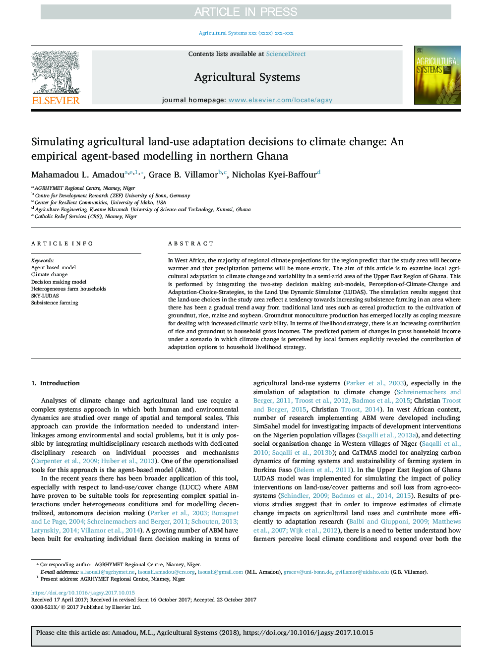 Simulating agricultural land-use adaptation decisions to climate change: An empirical agent-based modelling in northern Ghana