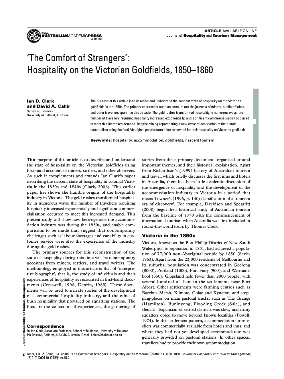 ‘The Comfort of Strangers’: Hospitality on the Victorian Goldfields, 1850–1860