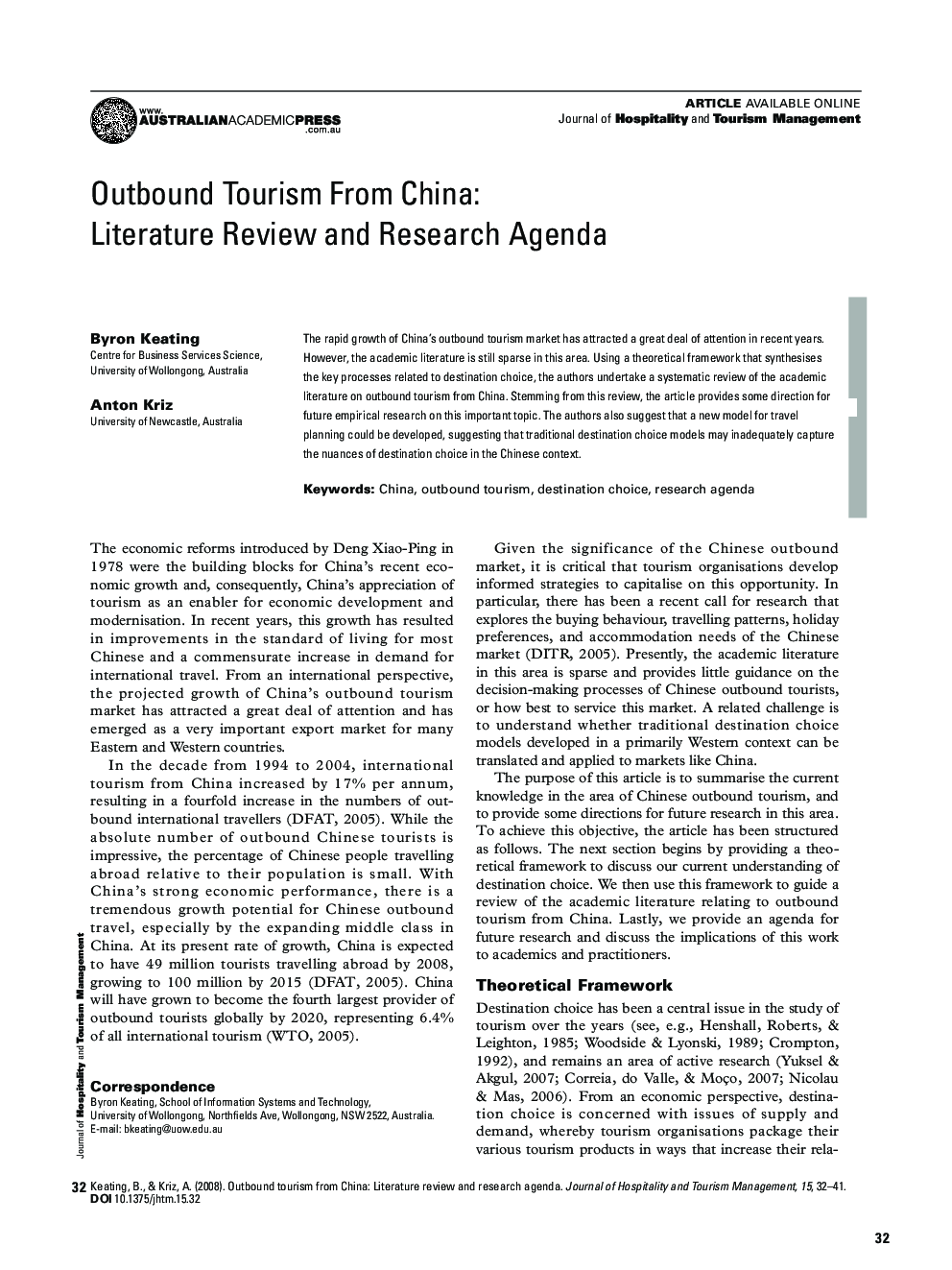 Outbound Tourism From China: Literature Review and Research Agenda