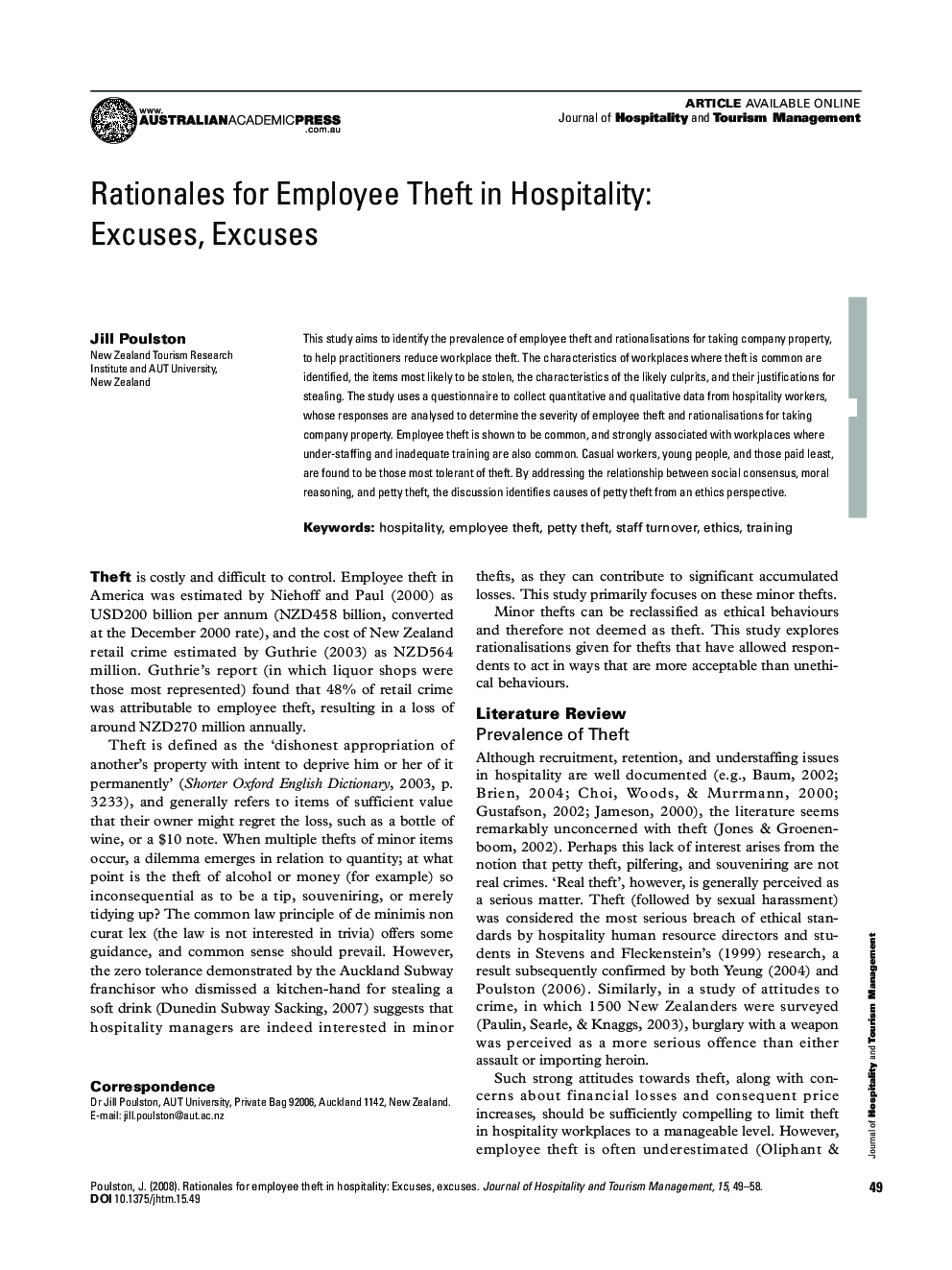 Rationales for Employee Theft in Hospitality: Excuses, Excuses
