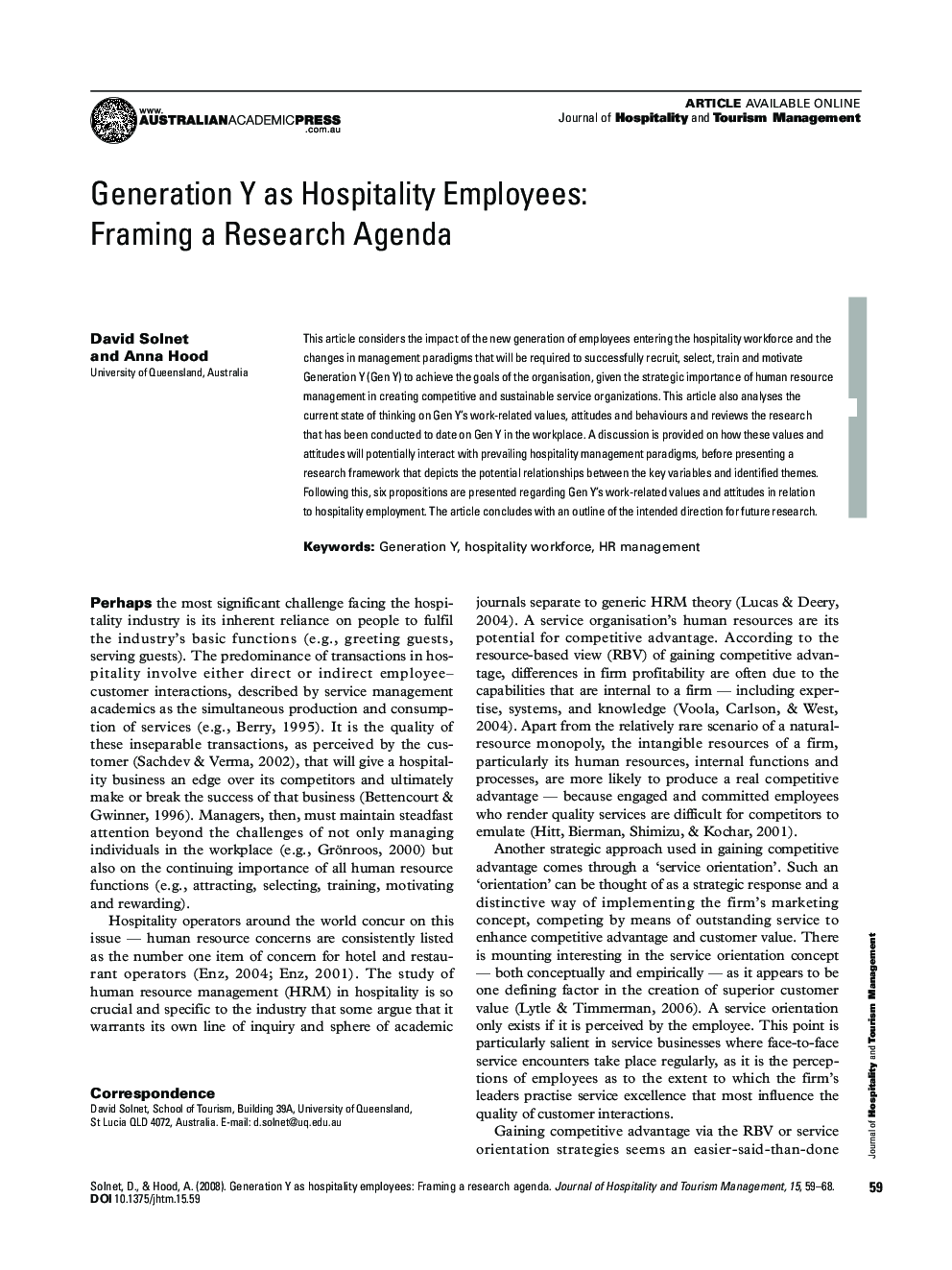 Generation Y as Hospitality Employees: Framing a Research Agenda