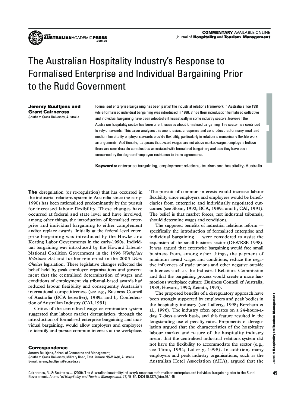 The Australian Hospitality Industry's Response to Formalised Enterprise and Individual Bargaining Prior to the Rudd Government