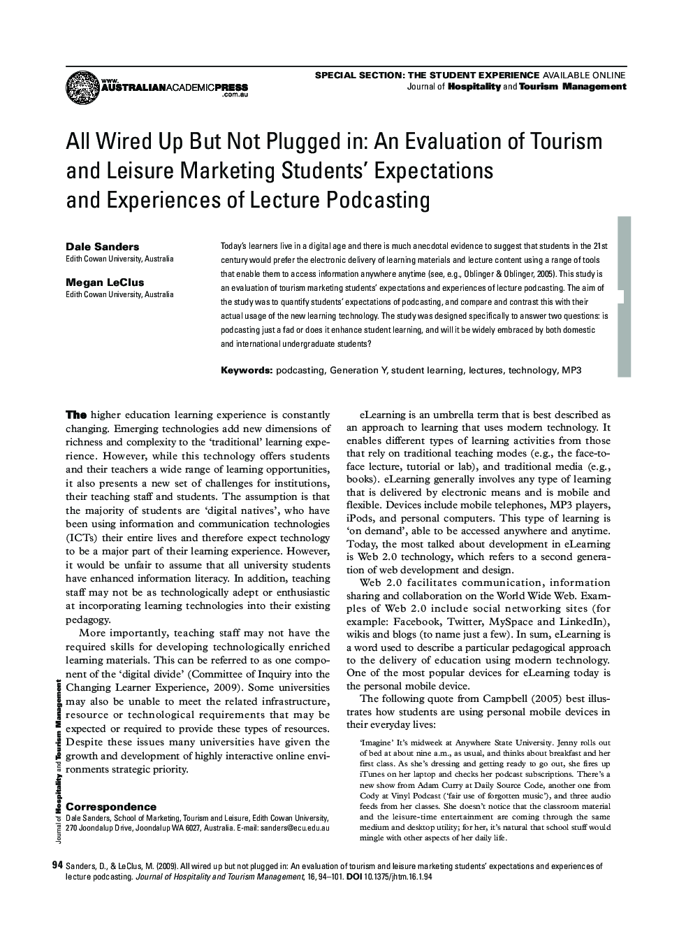 All Wired Up But Not Plugged in: An Evaluation of Tourism and Leisure Marketing Students' Expectations and Experiences of Lecture Podcasting