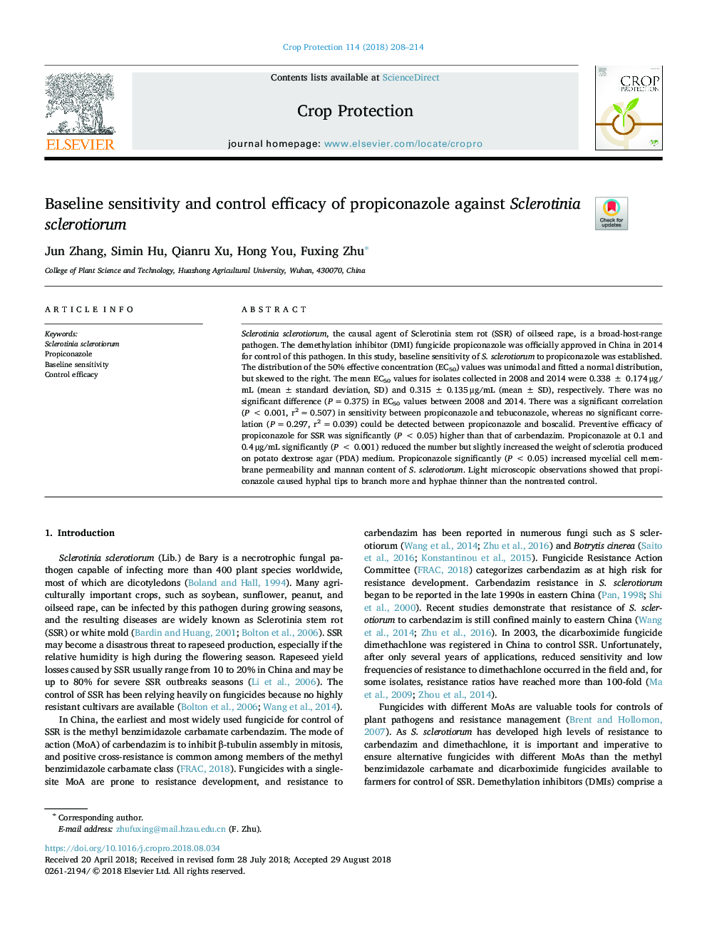 Baseline sensitivity and control efficacy of propiconazole against Sclerotinia sclerotiorum