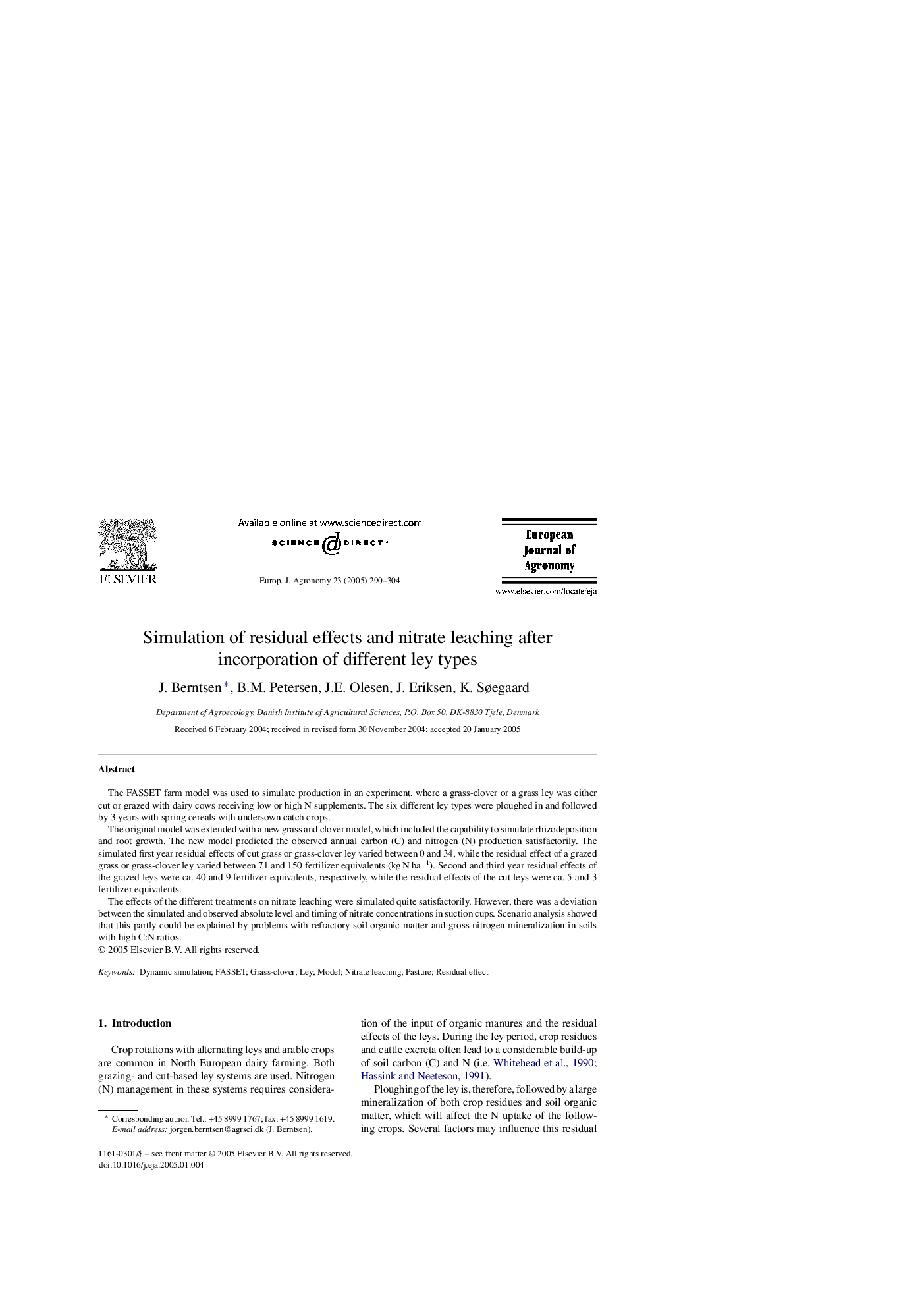 Simulation of residual effects and nitrate leaching after incorporation of different ley types