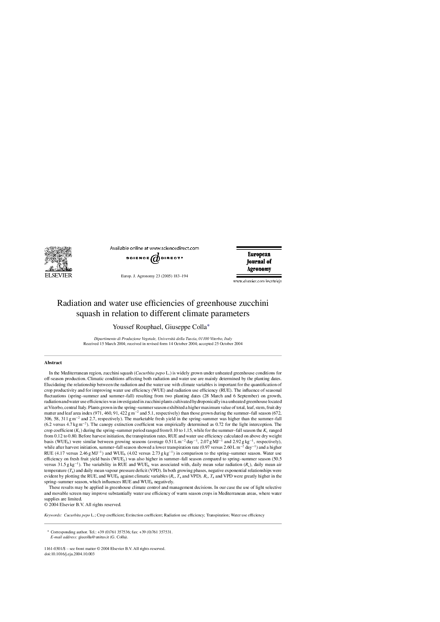 Radiation and water use efficiencies of greenhouse zucchini squash in relation to different climate parameters