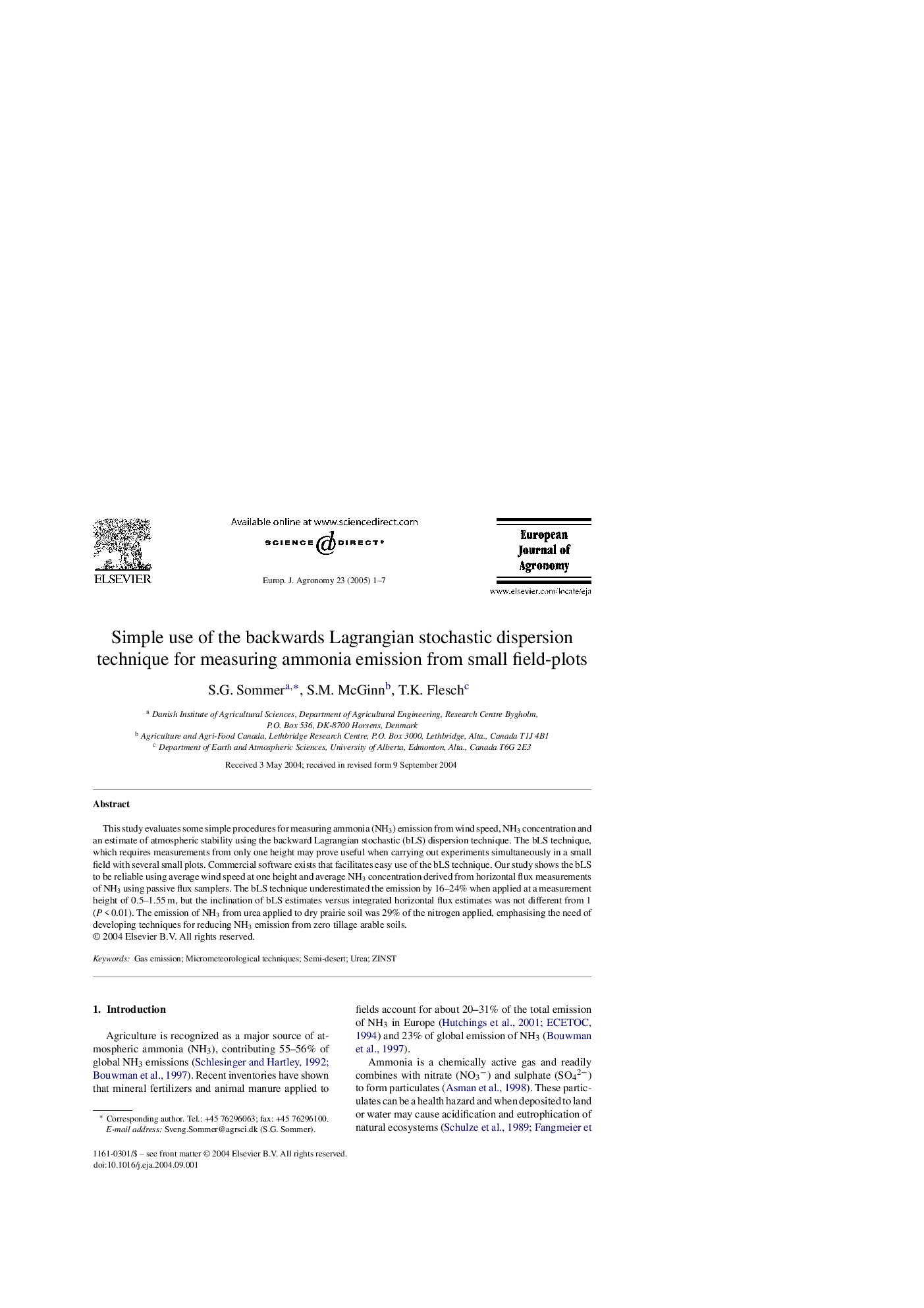 Simple use of the backwards Lagrangian stochastic dispersion technique for measuring ammonia emission from small field-plots