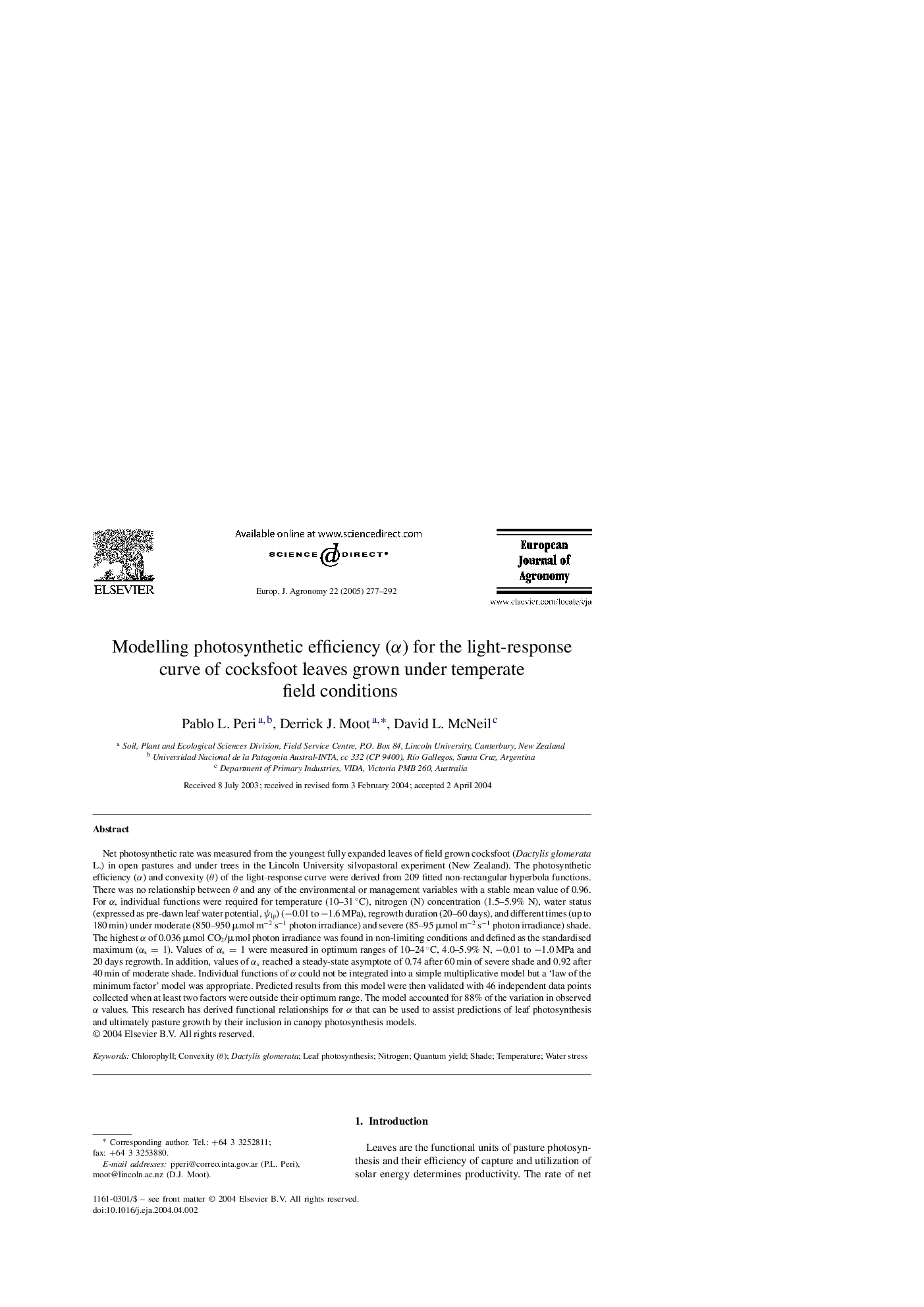 Modelling photosynthetic efficiency (Î±) for the light-response curve of cocksfoot leaves grown under temperate field conditions