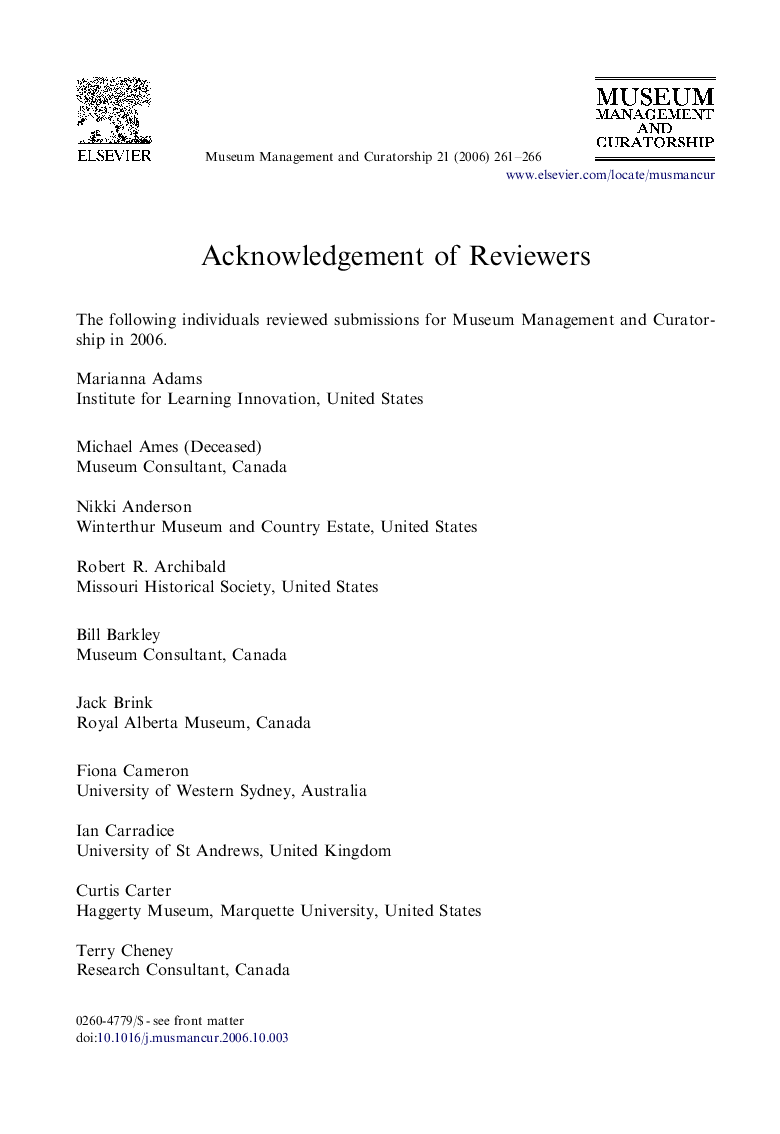 Acknowledgement of Reviewers