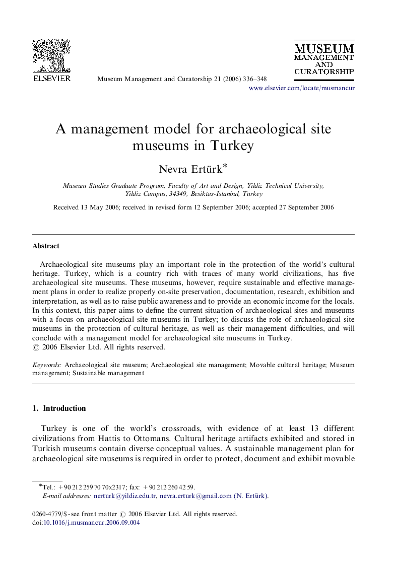 A management model for archaeological site museums in Turkey