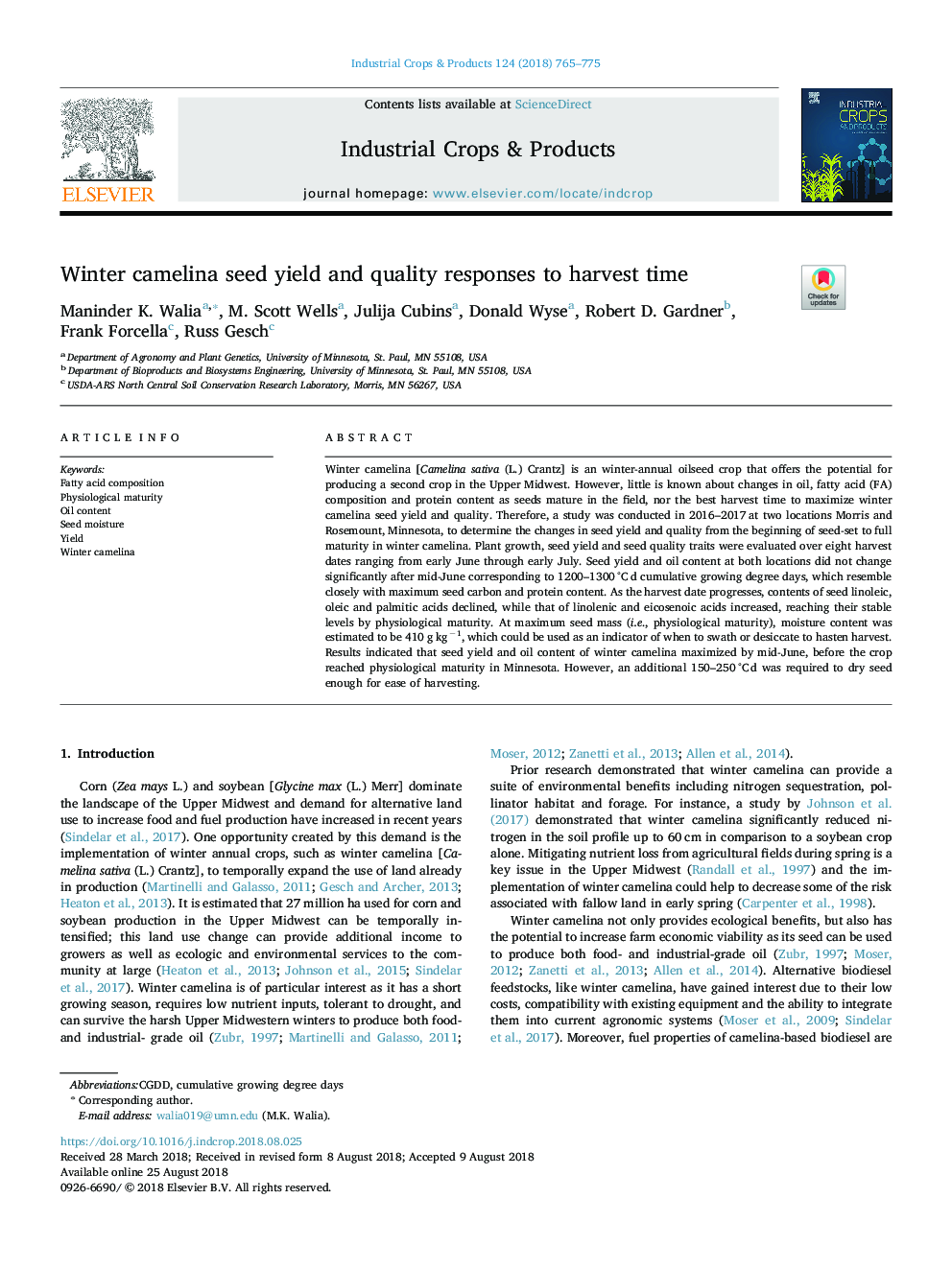 Winter camelina seed yield and quality responses to harvest time