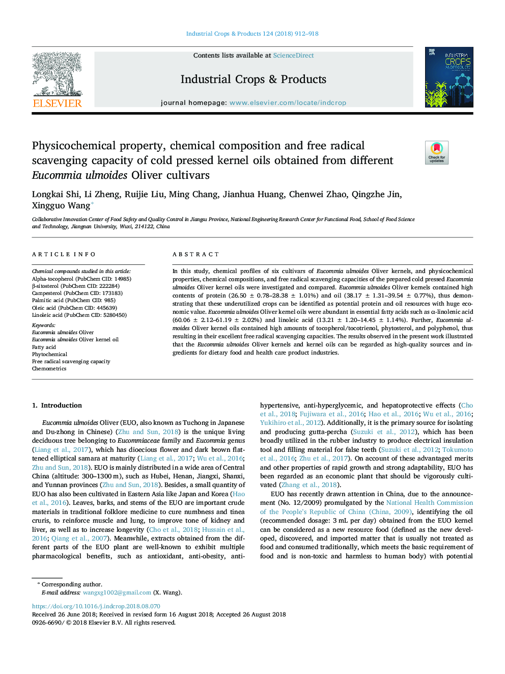 Physicochemical property, chemical composition and free radical scavenging capacity of cold pressed kernel oils obtained from different Eucommia ulmoides Oliver cultivars