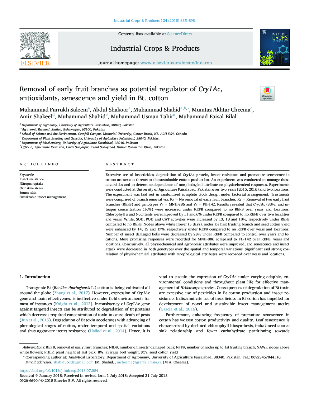 Removal of early fruit branches as potential regulator of Cry1Ac, antioxidants, senescence and yield in Bt. cotton