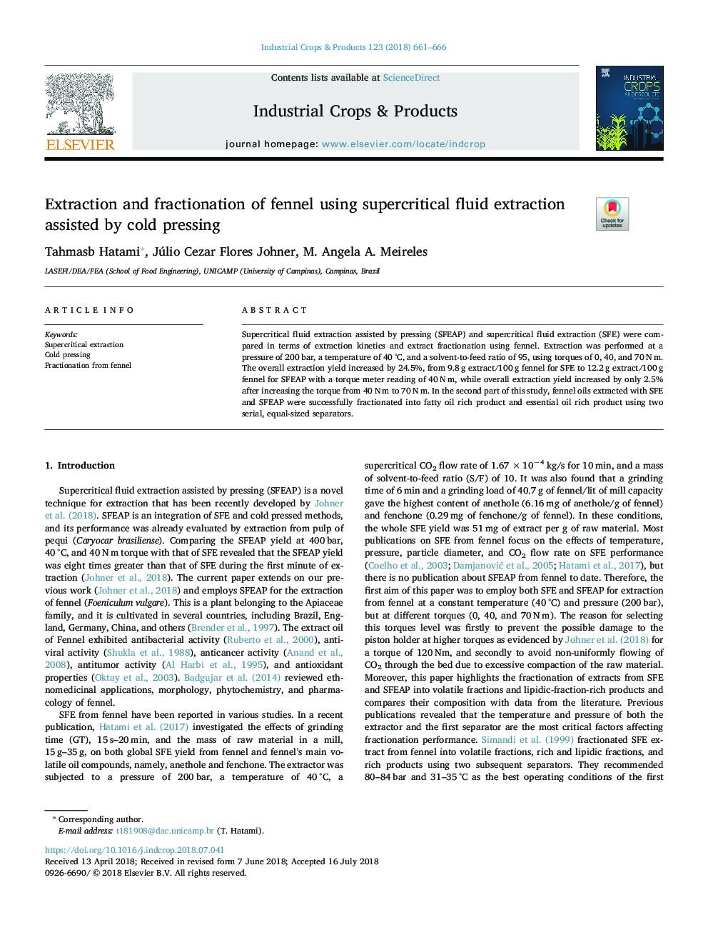 Extraction and fractionation of fennel using supercritical fluid extraction assisted by cold pressing