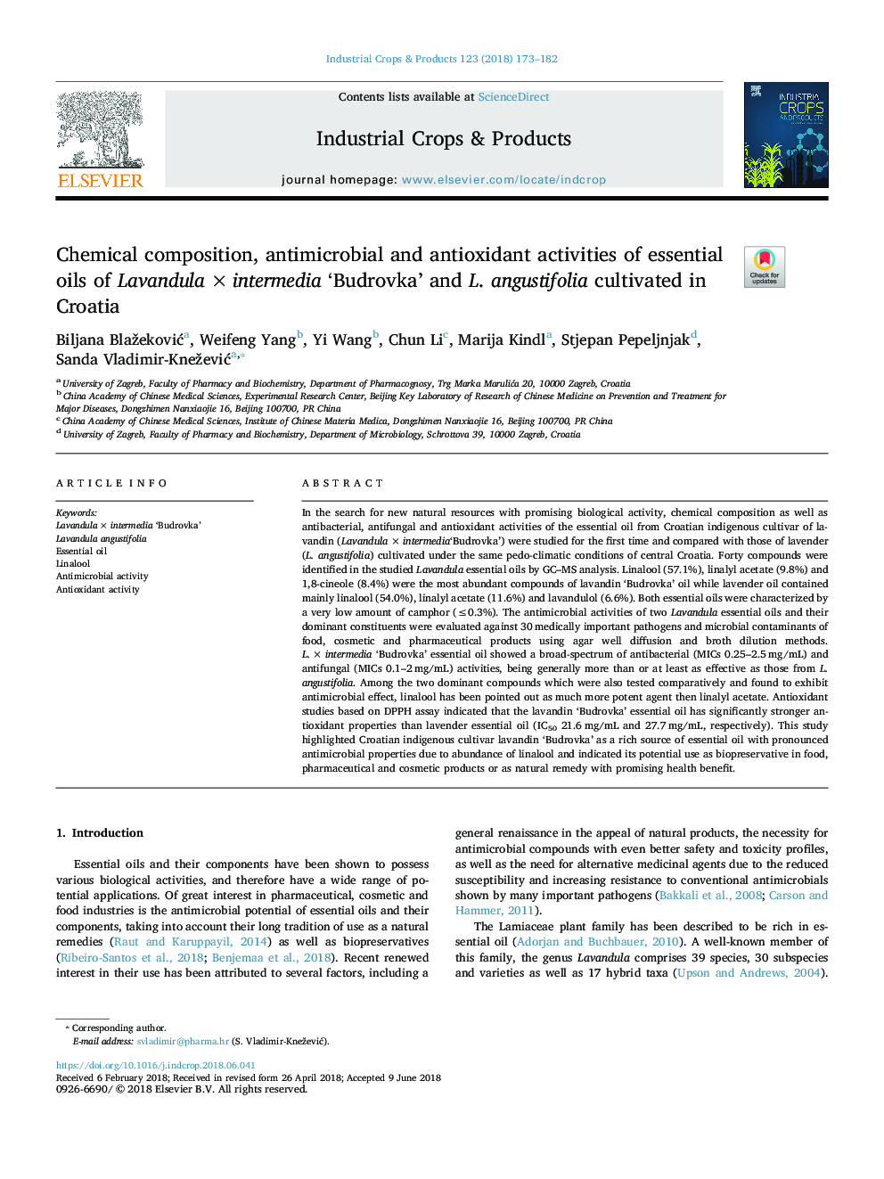 Chemical composition, antimicrobial and antioxidant activities of essential oils of Lavandulaâ¯Ãâ¯intermedia 'Budrovka' and L. angustifolia cultivated in Croatia