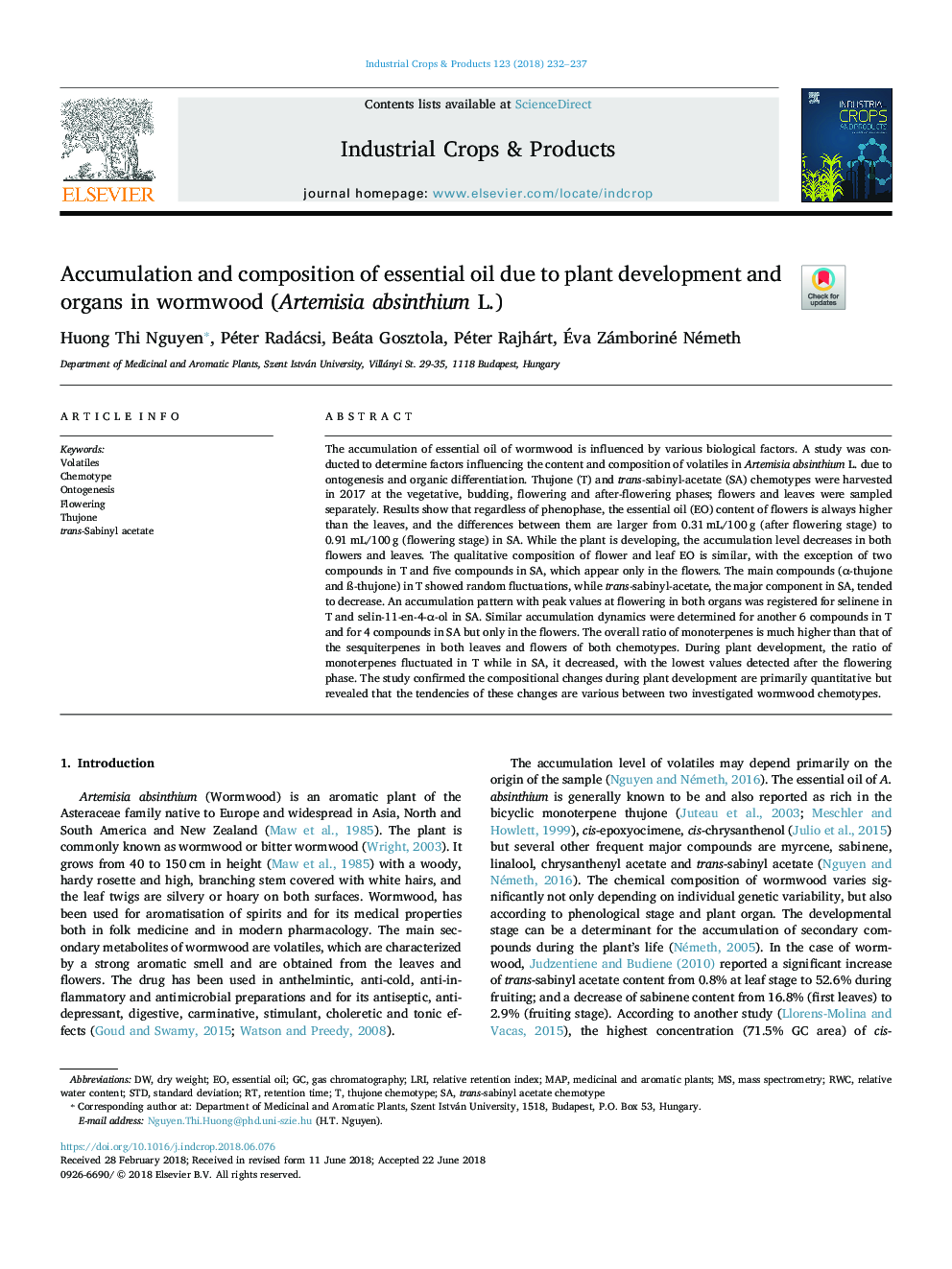 Accumulation and composition of essential oil due to plant development and organs in wormwood (Artemisia absinthium L.)