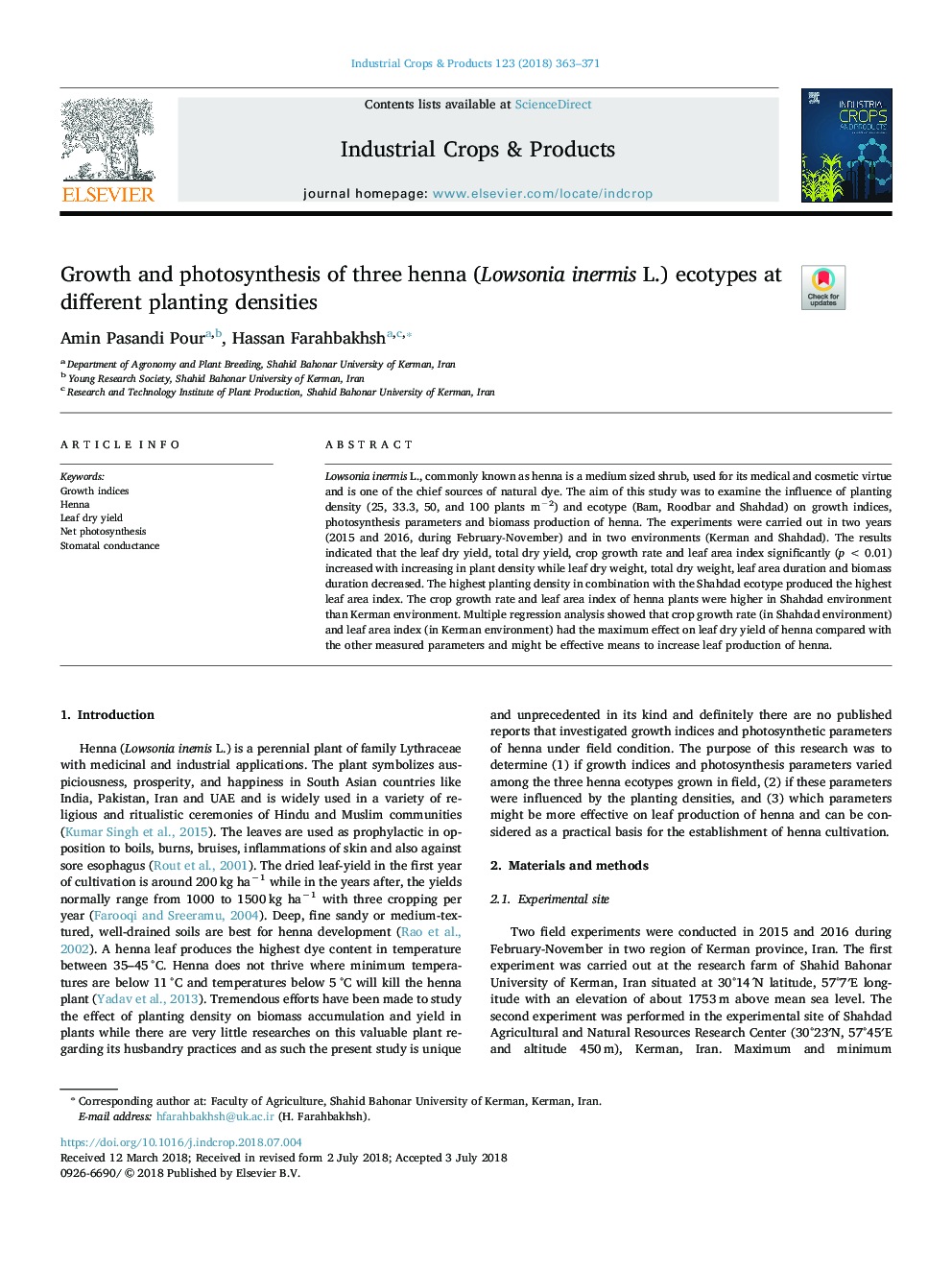 Growth and photosynthesis of three henna (Lowsonia inermis L.) ecotypes at different planting densities