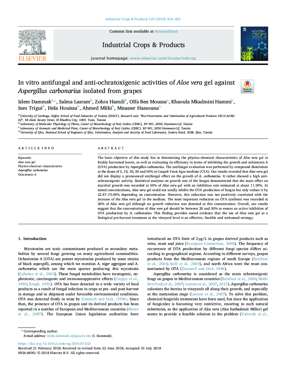 In vitro antifungal and anti-ochratoxigenic activities of Aloe vera gel against Aspergillus carbonarius isolated from grapes