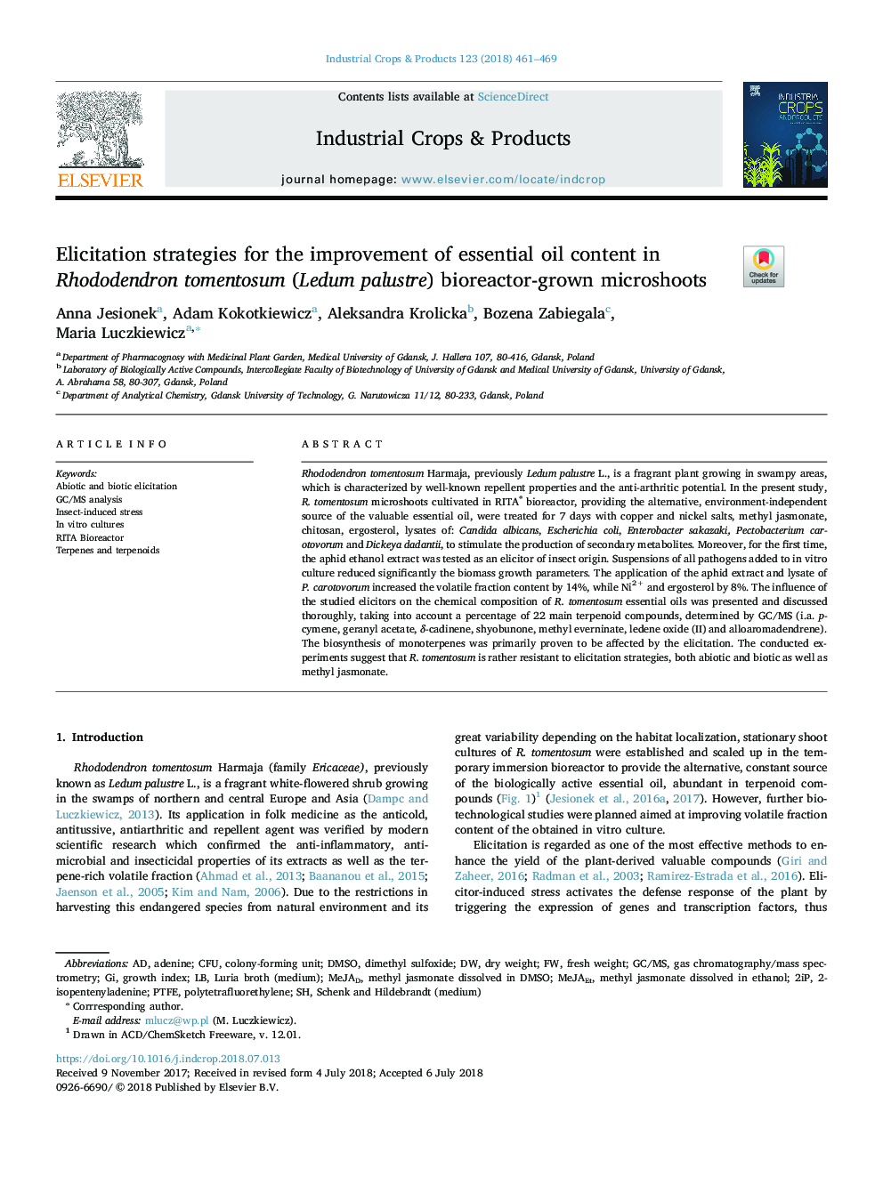 Elicitation strategies for the improvement of essential oil content in Rhododendron tomentosum (Ledum palustre) bioreactor-grown microshoots