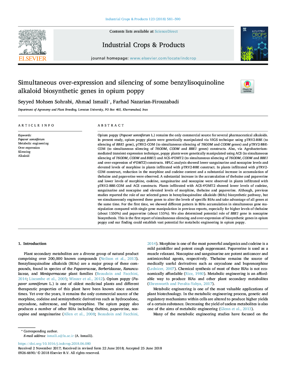 Simultaneous over-expression and silencing of some benzylisoquinoline alkaloid biosynthetic genes in opium poppy