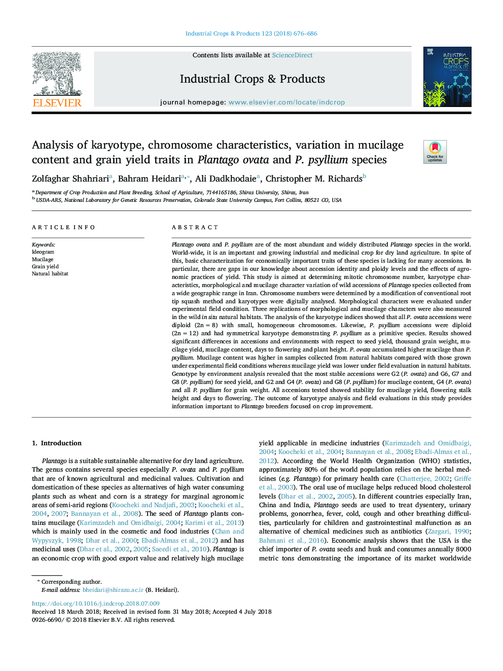 Analysis of karyotype, chromosome characteristics, variation in mucilage content and grain yield traits in Plantago ovata and P. psyllium species