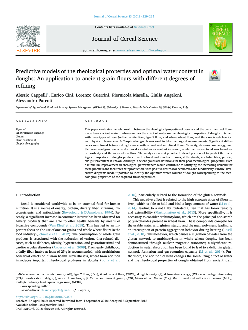 Predictive models of the rheological properties and optimal water content in doughs: An application to ancient grain flours with different degrees of refining