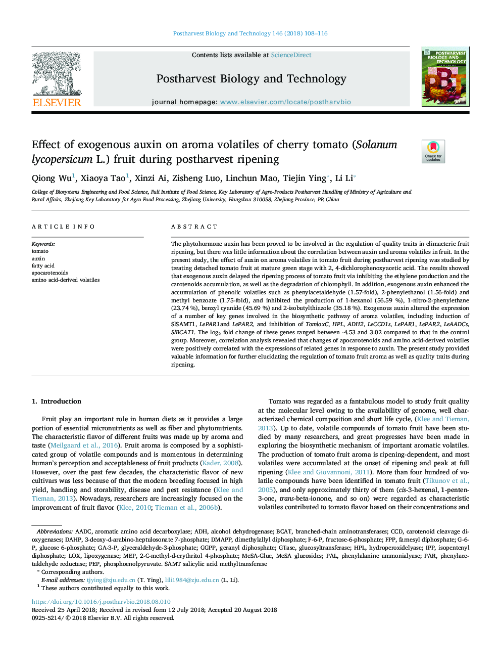 Effect of exogenous auxin on aroma volatiles of cherry tomato (Solanum lycopersicum L.) fruit during postharvest ripening