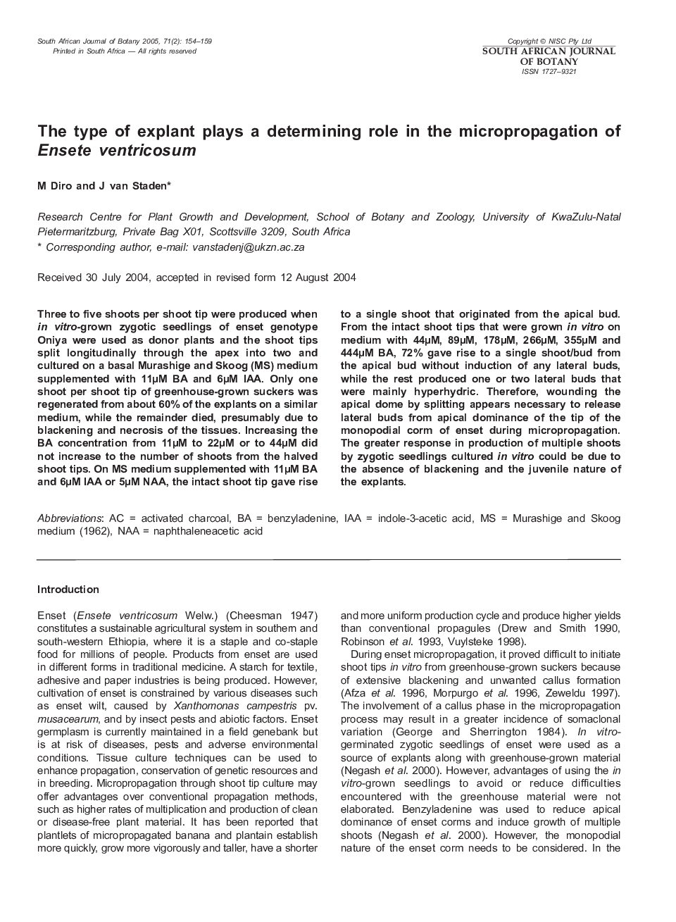 The type of explant plays a determining role in the micropropagation of Ensete ventricosum