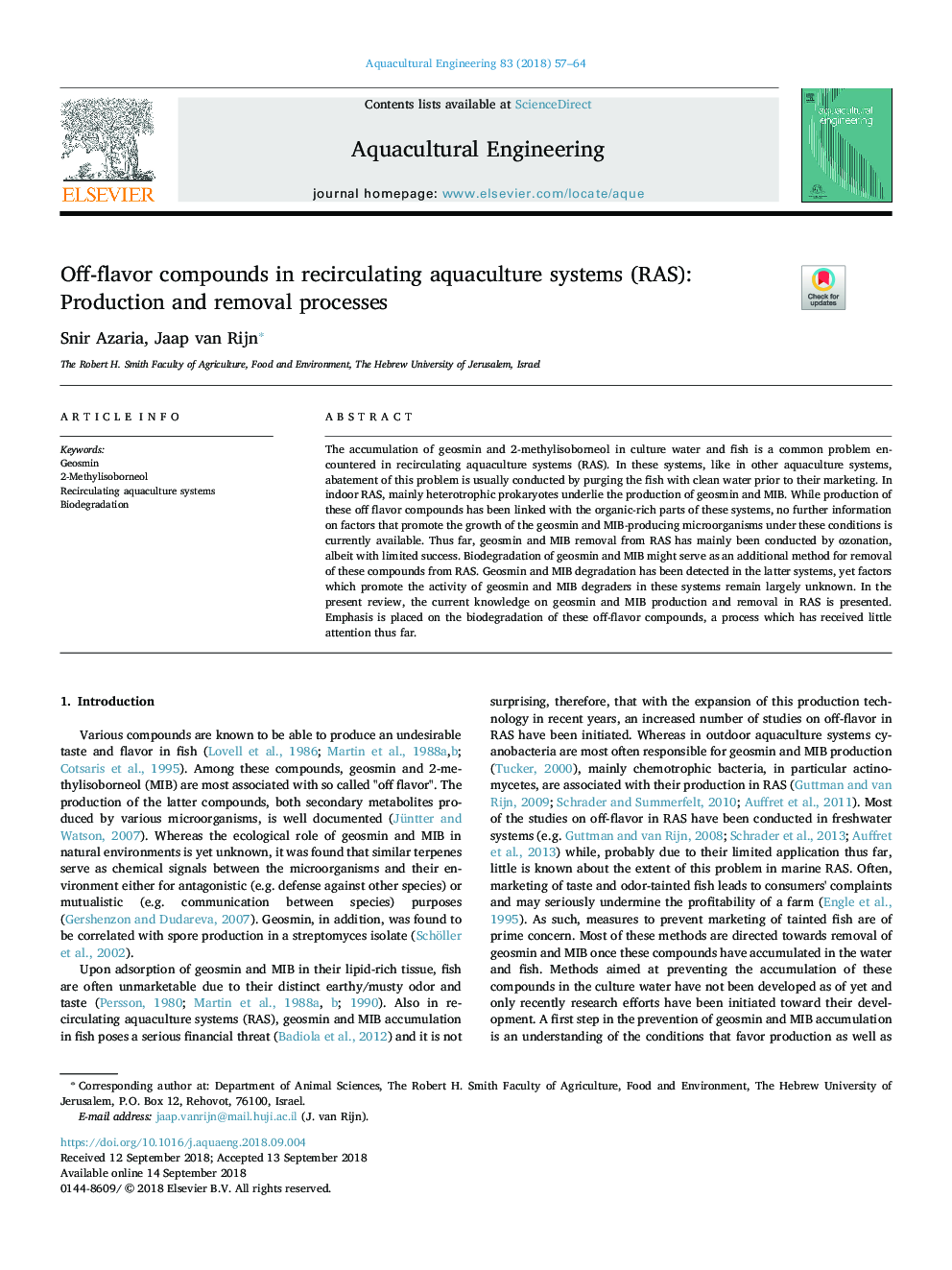 Off-flavor compounds in recirculating aquaculture systems (RAS): Production and removal processes