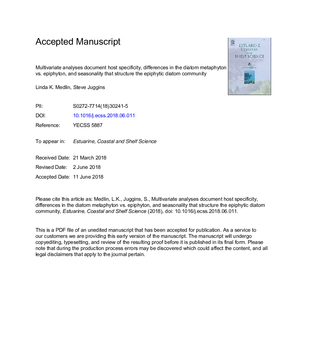 Multivariate analyses document host specificity, differences in the diatom metaphyton vs. epiphyton, and seasonality that structure the epiphytic diatom community