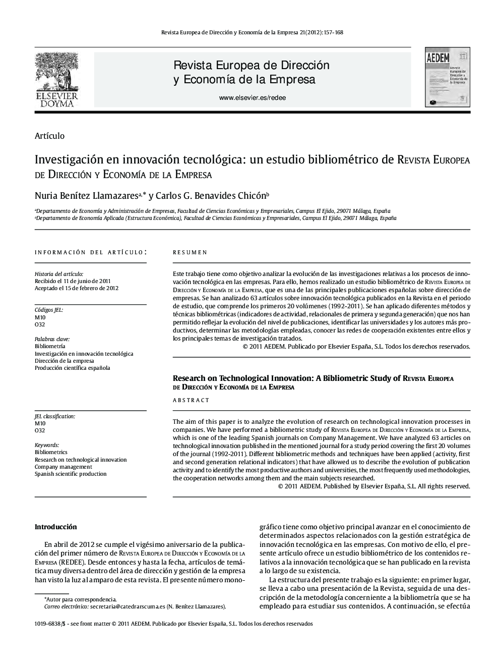 Investigación en innovación tecnológica: un estudio bibliométrico de Revista Europea de Dirección y Economía de la Empresa