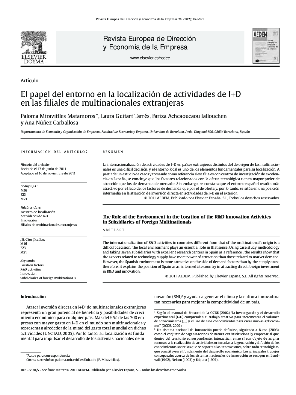 El papel del entorno en la localización de actividades de I+D en las filiales de multinacionales extranjeras