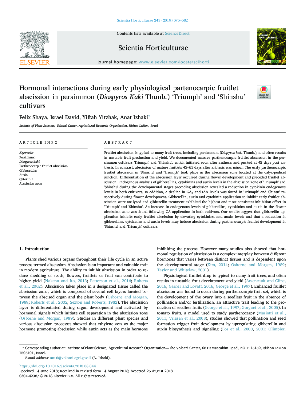 Hormonal interactions during early physiological partenocarpic fruitlet abscission in persimmon (Diospyros Kaki Thunb.) 'Triumph' and 'Shinshu' cultivars