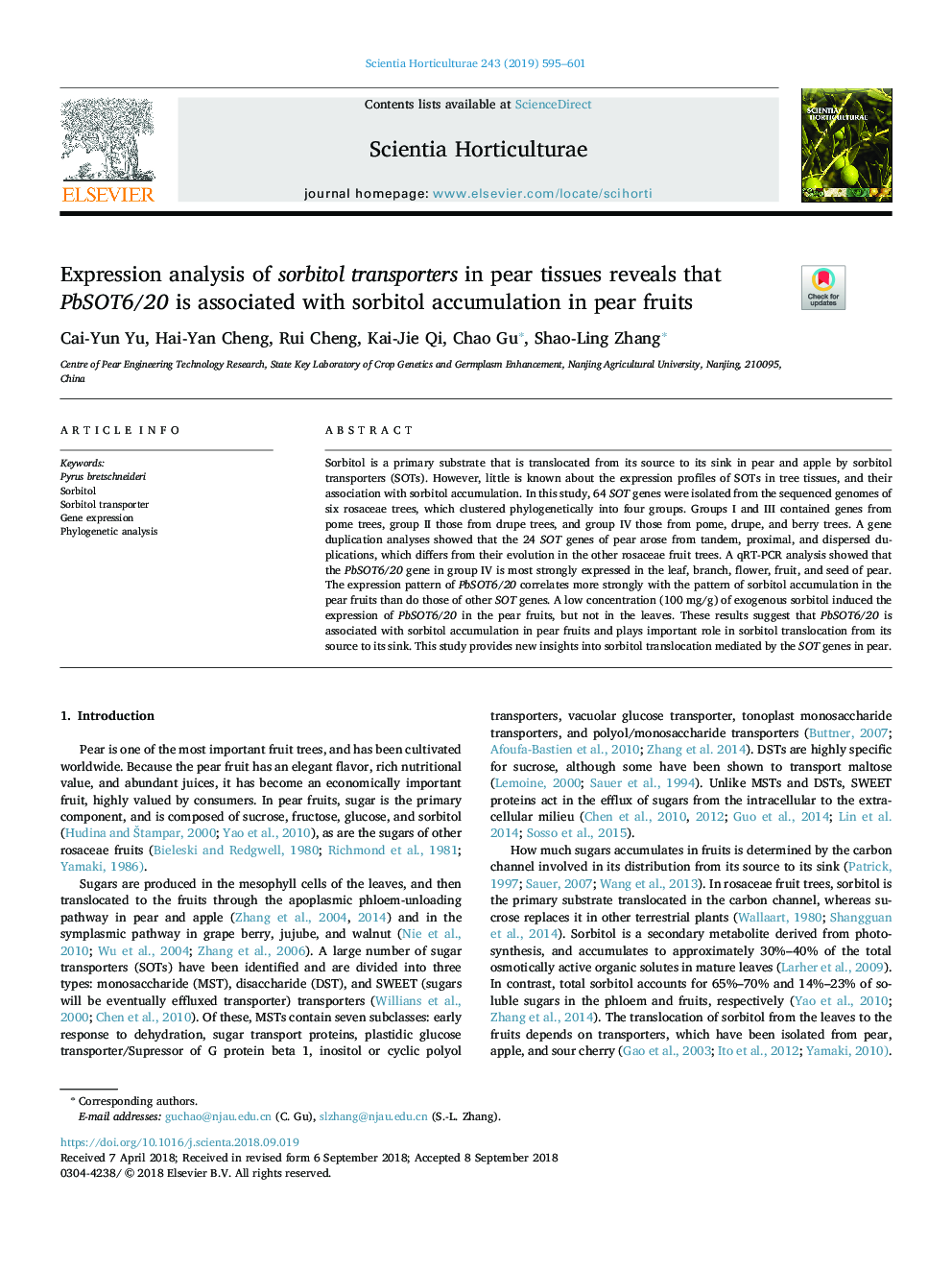 Expression analysis of sorbitol transporters in pear tissues reveals that PbSOT6/20 is associated with sorbitol accumulation in pear fruits