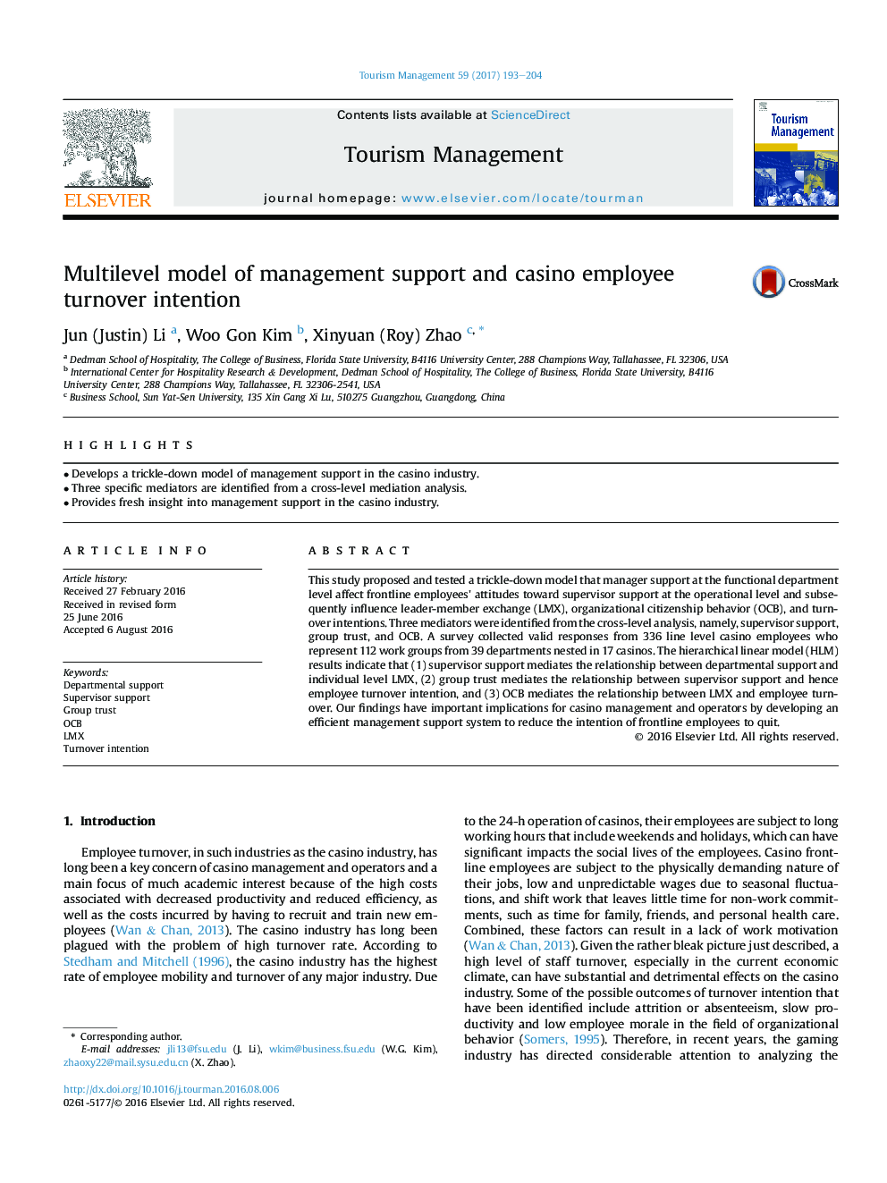 Multilevel model of management support and casino employee turnover intention