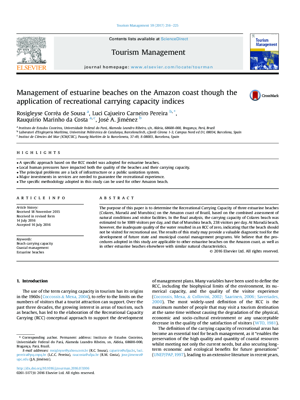 Management of estuarine beaches on the Amazon coast though the application of recreational carrying capacity indices