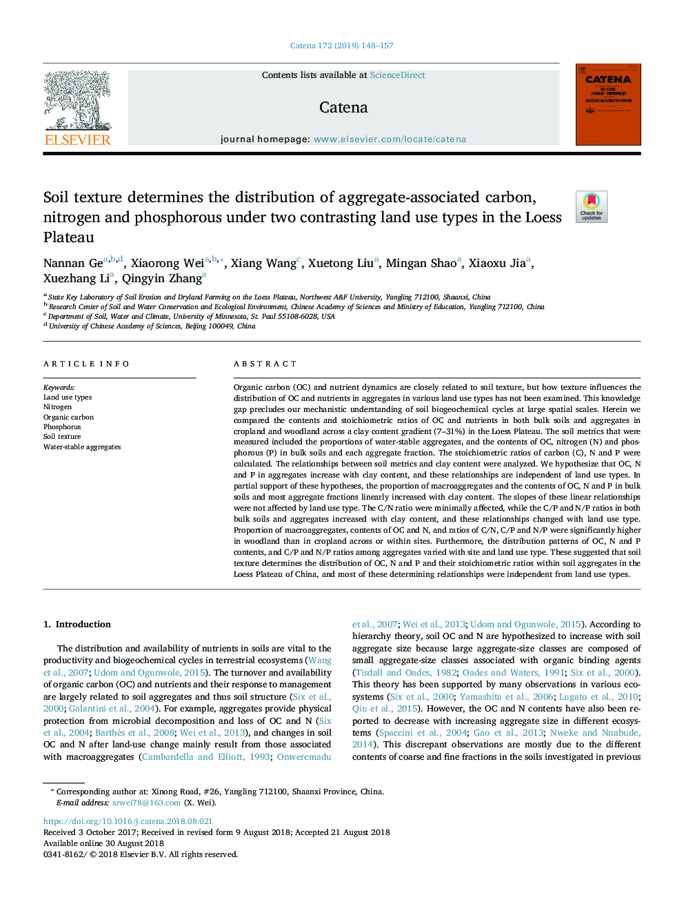 Soil texture determines the distribution of aggregate-associated carbon, nitrogen and phosphorous under two contrasting land use types in the Loess Plateau