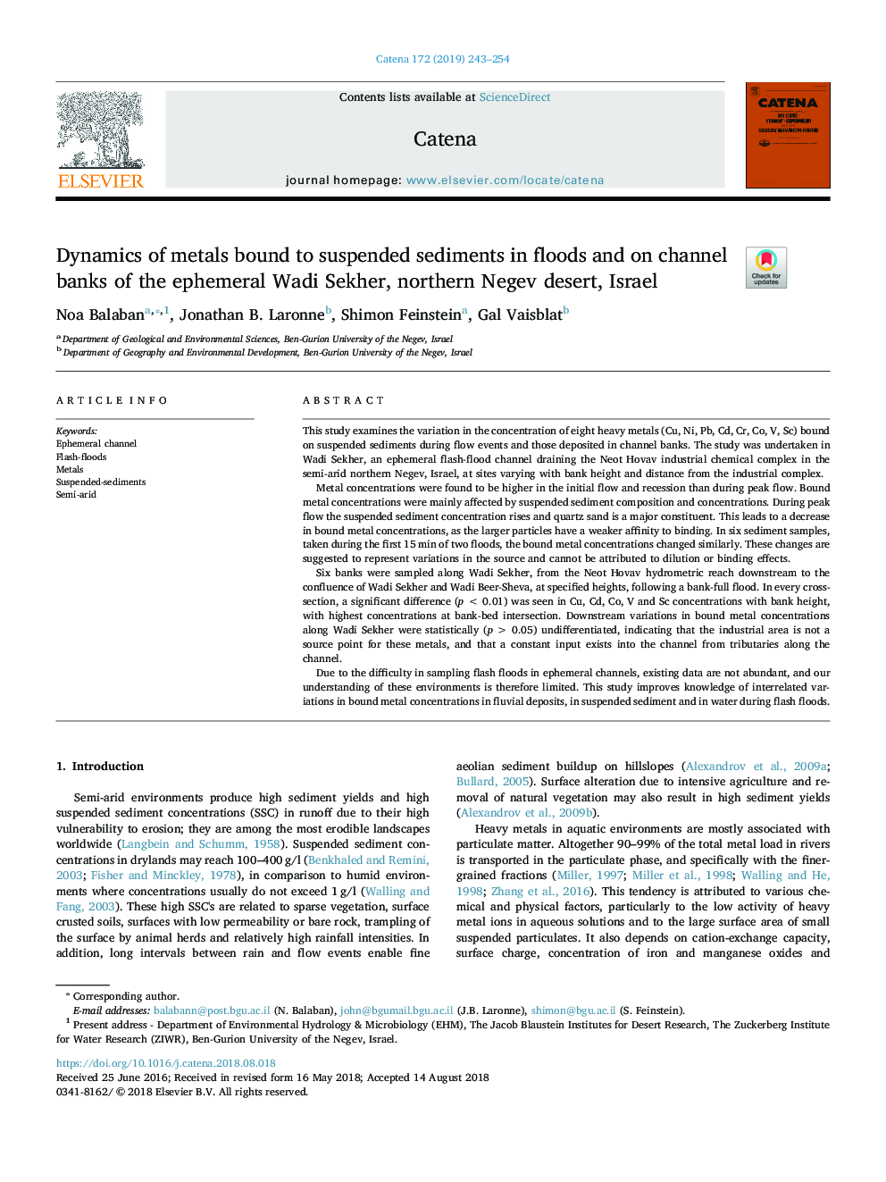 Dynamics of metals bound to suspended sediments in floods and on channel banks of the ephemeral Wadi Sekher, northern Negev desert, Israel