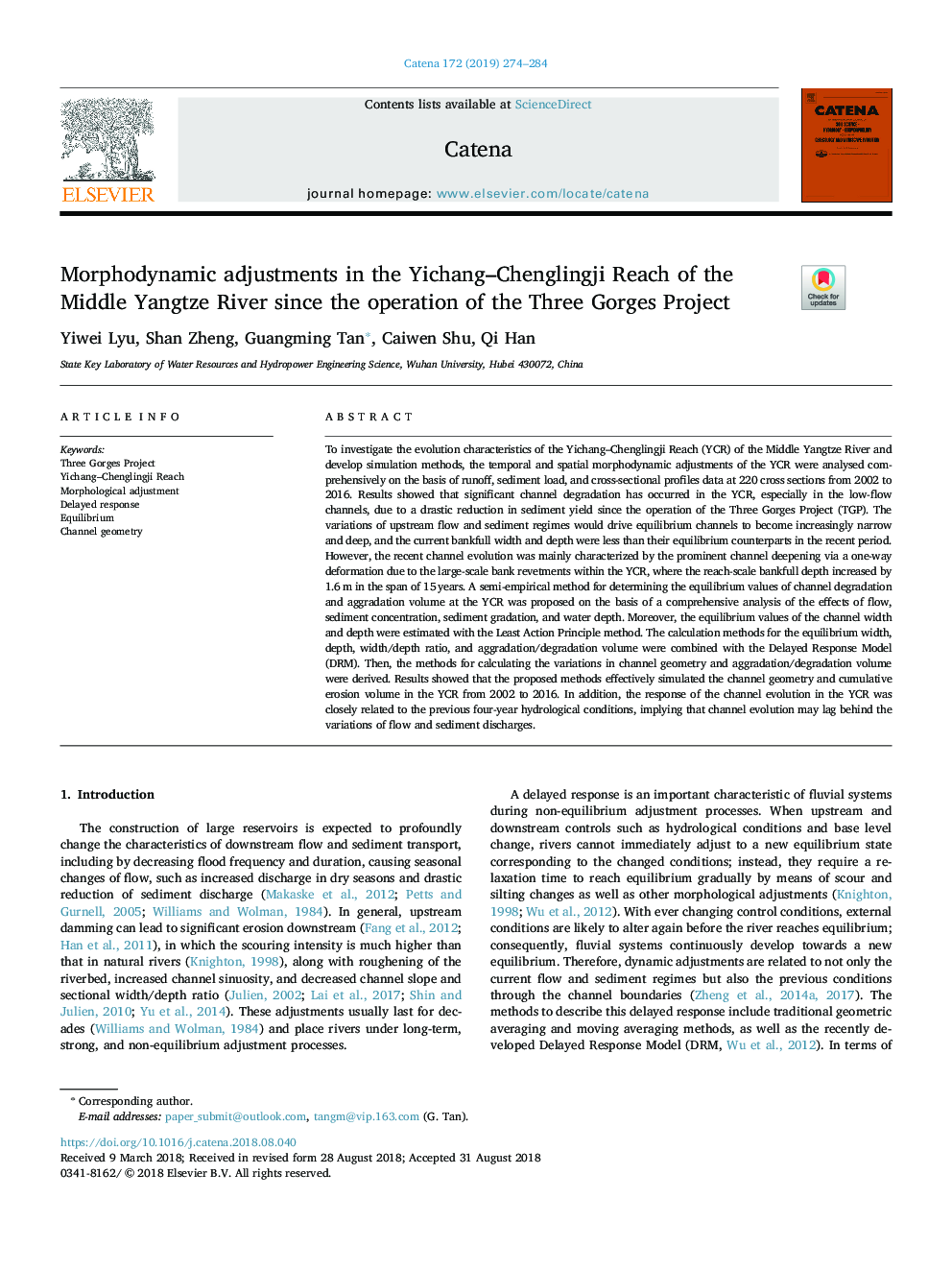 Morphodynamic adjustments in the Yichang-Chenglingji Reach of the Middle Yangtze River since the operation of the Three Gorges Project