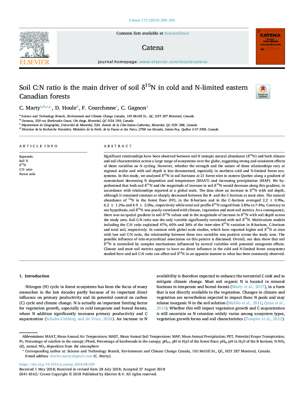 Soil C:N ratio is the main driver of soil Î´15N in cold and N-limited eastern Canadian forests