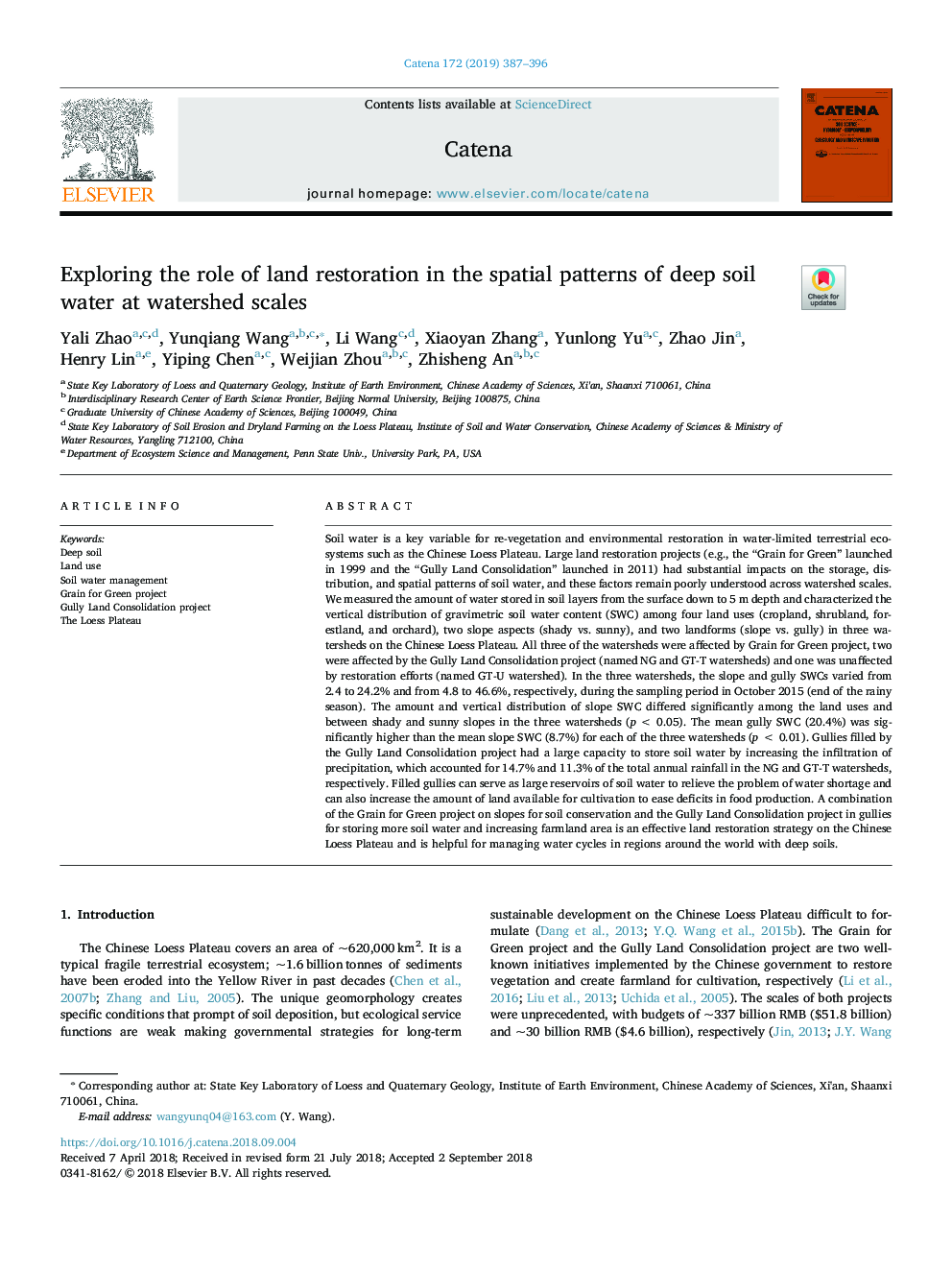 Exploring the role of land restoration in the spatial patterns of deep soil water at watershed scales